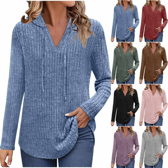 BiZtdJrK Womens Soft Ribbed Knit Hoodies Loose Long Sleeve V Neck Pullover Sweaters Solid Casual Hooded Sweatshirts, Gray, XL