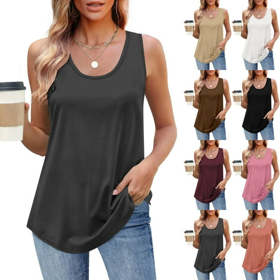 BiZtdJrK Womens Solid Basic Tanks Sleeveless Crew Neck Curved Hem Blouse Casual lightweight Tank Tops Orange XXL