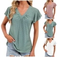 thumbnail image 1 of BiZtdJrK Womens Solid Casual T Shirts Eyelet Ruffle Cap Sleeve Summer Tee Tops Ruched V Neck Fashion T-Shirt Green XXL, 1 of 9