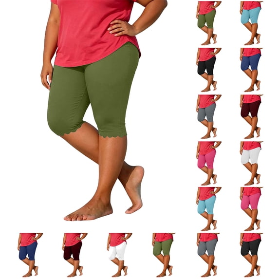BiZtdJrK Womens Solid Color Capri Leggings Scalloped Hem Elastic Waist Slim Fit Summer Tight Pants Plus Size Lightweight Comfy Casual Capris Light Blue XXL