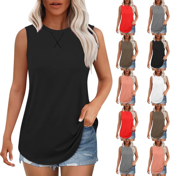 BiZtdJrK Womens Solid Color Crew Neck Basic Tank Tops Summer Casual Sleeveless Blouse Curved Hem Tanks Red M