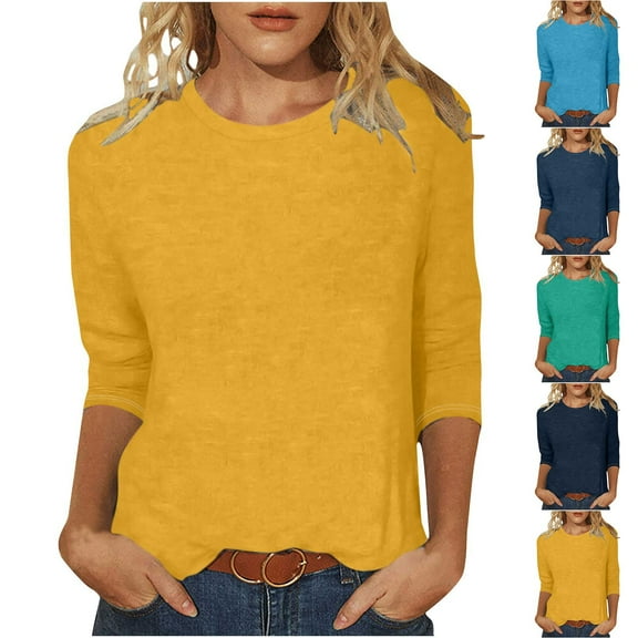 BiZtdJrK Womens Solid Round Neck Tops 3/4 Length Sleeve Dressy Casual Tunic Shirts Loose Fit Basic Tunics Business Work Outfits Birthday Gift Navy XXL