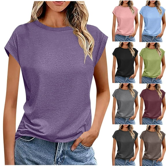 BiZtdJrK Womens Solid T Shirts Cap Sleeve Crew Neck Casual T Shirt Loose Fit Workout Tee Top Summer Basic Tops 2025 Black XXL