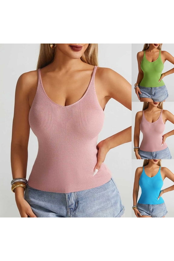 Womens Spaghetti Strap V-Neck Tank Tops Soft Cotton Sleeveless T Shirt Solid Bodycon Camisole Basic Layering Shirts Pink M