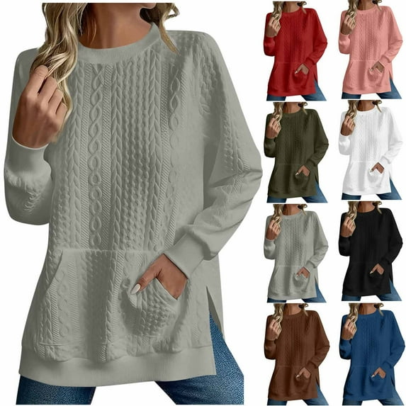BiZtdJrK Womens Split Side Sweatshirt Crewneck Jacquard Pullover Tops Casual Long Sleeve Sweatshirts Army Green XL