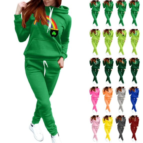 BiZtdJrK Womens St Patricks Day 2 Piece Sets Casual Drawstring Hooded Tracksuits Shamrock Graphic Long Sleeve Hoodies and High Waisted Jogger Pants Sweatsuits Army Green S