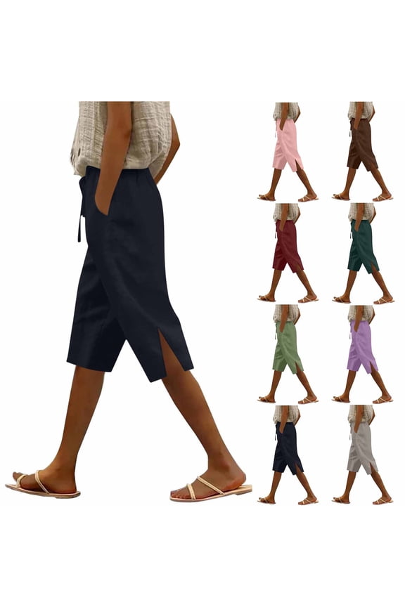 Womens Straight Leg Shorts Side Split Drawstring Elastic Waist Casual Summer Shorts Knee Length Solid Bermuda Shorts with Pockets Army Green S