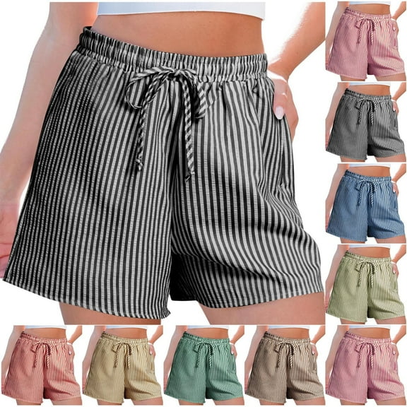 BiZtdJrK Womens Striped Bermuda Shorts Drawstring Elastic Waisted Wide Leg Shorts Baggy Comfy Casual Summer Beach Shorts on sale clearance Yellow S