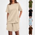 thumbnail image 1 of BiZtdJrK Womens Summer 2 Piece Outfits Short Sleeve Round Neck Tee Tops and Shorts Lounge Sets Casual Loose Shirts Matching Shorts Sweatsuits Beige S, 1 of 1