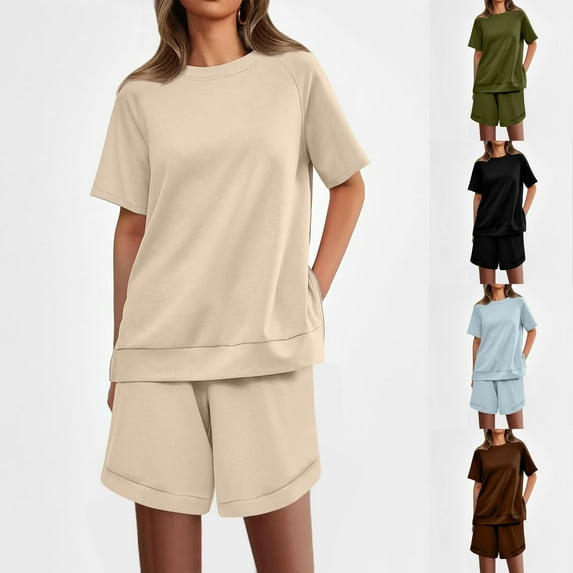 BiZtdJrK Womens Summer 2 Piece Outfits Short Sleeve Round Neck Tee Tops and Shorts Lounge Sets Casual Loose Shirts Matching Shorts Sweatsuits Beige S