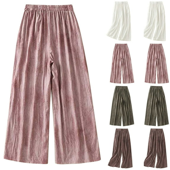BiZtdJrK Womens Summer Cotton Linen Beach Pants Loose Fit Wide Leg Pants Casual Elastic Waist Solid Trousers Outdoor Palazzo Pants Pink XL