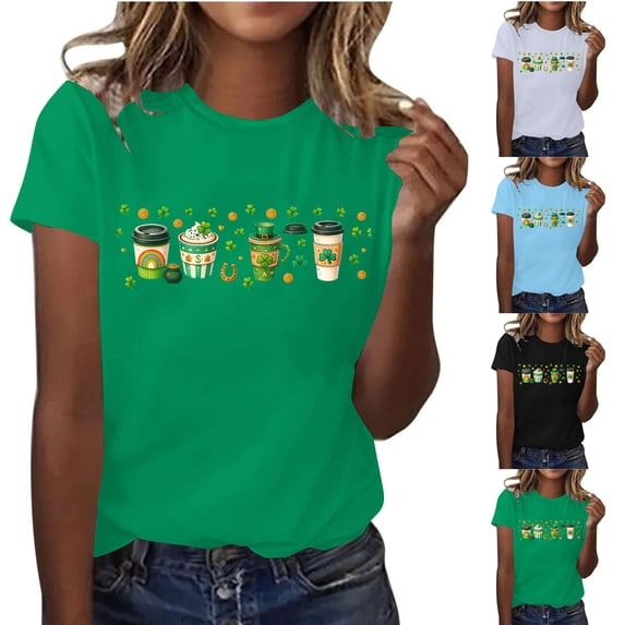 BiZtdJrK Womens Summer Tees Irish Shamrock Graphic St Patricks Day T Shirts Crew Neck Fashion Holiday Tee Tops White L