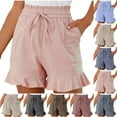thumbnail image 1 of BiZtdJrK Womens Summer Vacation Shorts Trendy Ruffles Striped Beach Shorts Drawstring Baggy Casual Short Trousers with Pockets sales today clearance prime only Wine S, 1 of 9