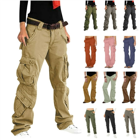BiZtdJrK Women's Casual Cargo Pants with Multi Pockets Outdoor Hiking Tactical Pants Solid Color Wide Leg Work Long Trousers, Green, XL