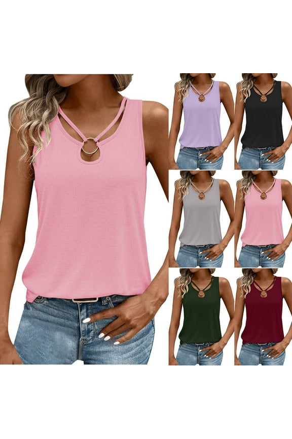 Womens Tank Tops Summer Cut Out Ring Keyhole Neck Sleeveless Blouse Fashion Solid Basic Tanks Army Green XXL