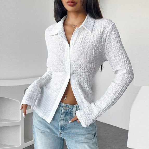 BiZtdJrK Womens Textured Blouses Slim Fitted Long Sleeve Button Down Shirts Solid Dressy Causal Shirt Fashion Y2k Tops White M