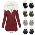 thumbnail image 1 of BiZtdJrK Womens Thicken Fleece Lined Parka Jacket Winter Faux Fur Hooded Warm Long Coat Button Zip Snow Outerwear with Pockets Wine 5XL, 1 of 8