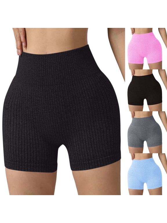 Womens Tight Shorts Ribbed Knit High Waist Yoga Workout Shorts Solid Color Comfy Summer Base Layer Shorts Black L
