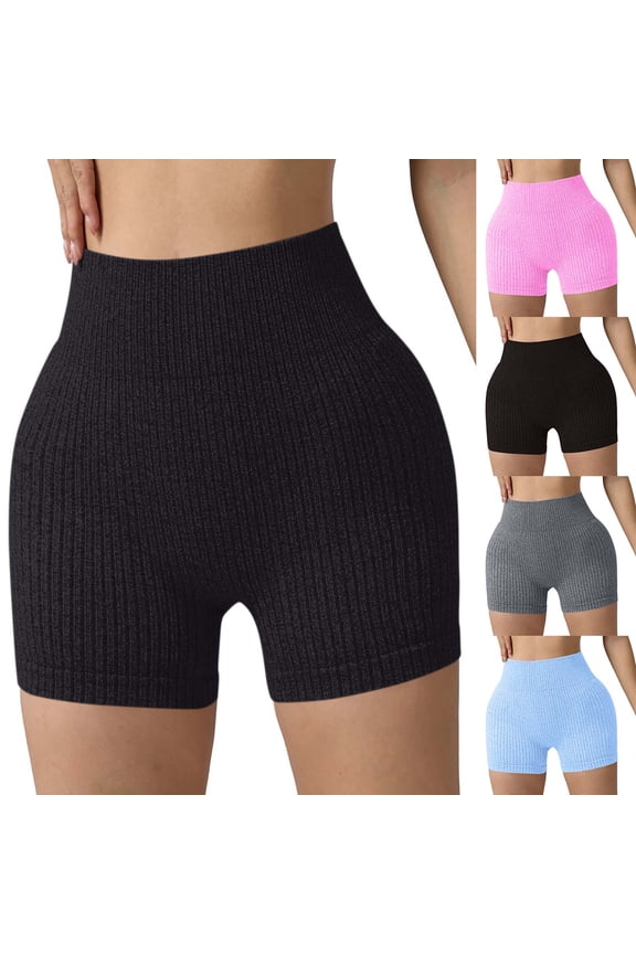 Womens Tight Shorts Ribbed Knit High Waist Yoga Workout Shorts Solid Color Comfy Summer Base Layer Shorts Light Blue L