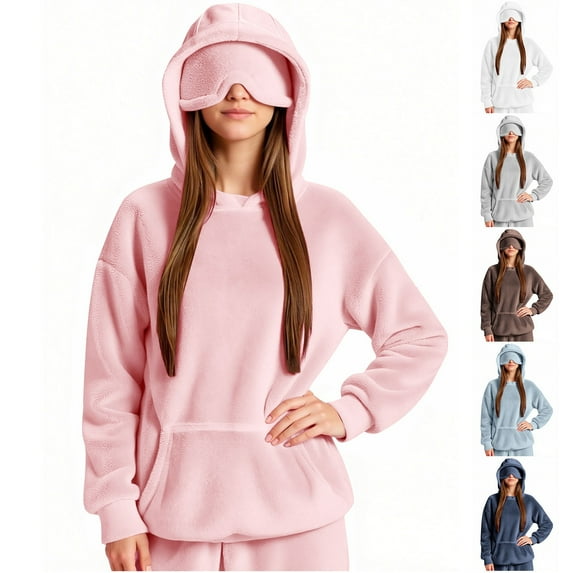 BiZtdJrK Womens Travel Hoodie with Eye Mask Sherpa Fleece Lined Sweater Airplane Hoodies Comfy Long Sleeve Sweatshirts, Black, S