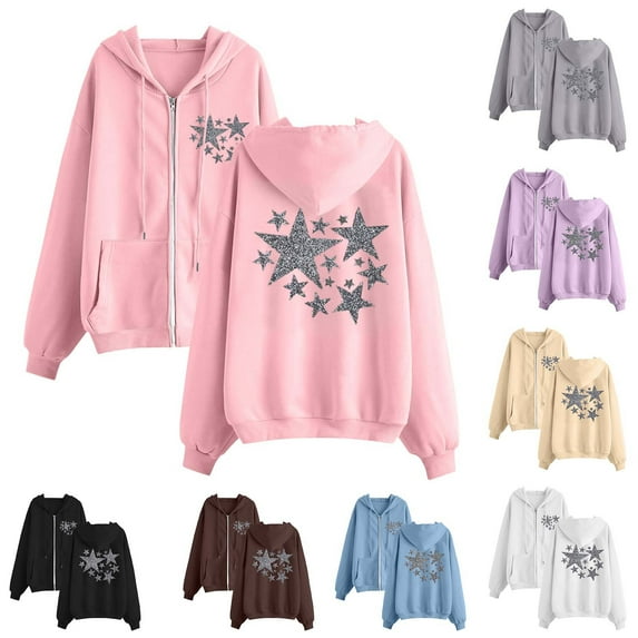 BiZtdJrK Womens Trendy Star Graphic Jackets Casual Zip Up Long Sleeve Hoodies Drawstring Hooded Sweatshirts Jackets with Pockets Sales of The Day Lightning Light Blue XXL