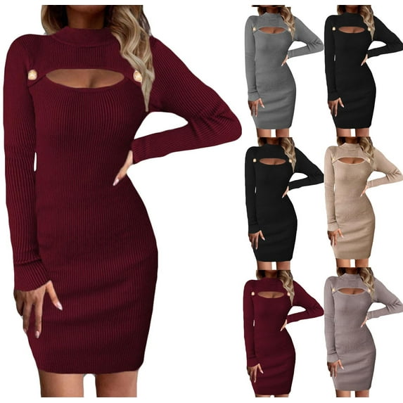 BiZtdJrK Womens Trendy Sweater Dress Ribbed Knit Cut Out Long Sleeve Bodycon Mini Dress Elegant Casual Sweaters Gray L
