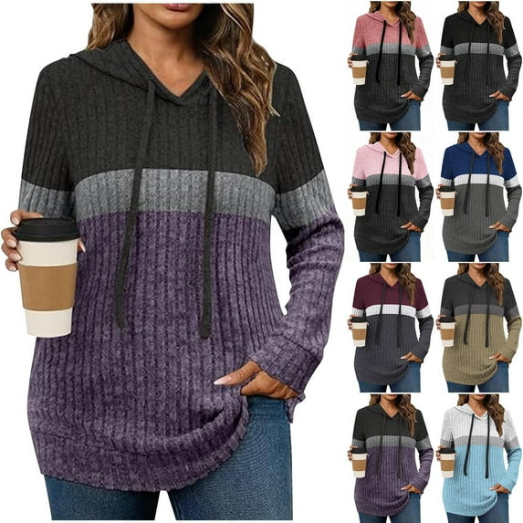BiZtdJrK Womens Tunic Hooded Sweaters Color Block Long Sleeve Knit Tops Drawstring Fall Fashion Pullover Sweater Black M
