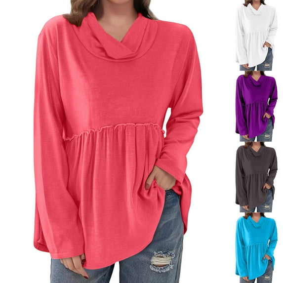 BiZtdJrK Womens Tunic Sweatshirts Ruffle Long Sleeve Babydoll Tops Draped Crew Neck Dressy Casual Pullover Sweatshirt Purple L