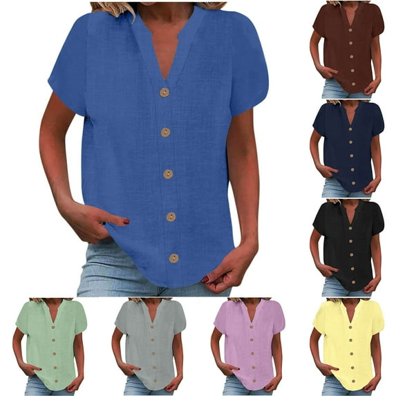BiZtdJrK Womens V Neck Button Down Shirts Cotton Linen Solid Color Casual Blouse Short Sleeve Business Work Tops Army Green L
