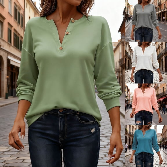 BiZtdJrK Womens V Neck Button Up Shirts Long Sleeve Dressy Casual Pullover Tops Fashion Fall Spring Blouse Sky Blue S