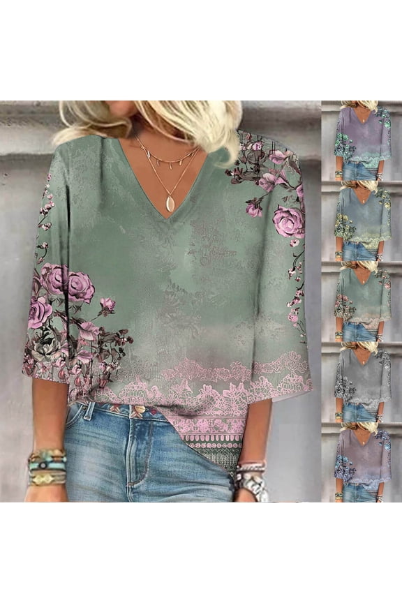 Womens V Neck Half Sleeve Tees Trendy Floral Print Tshirts Summer Casual Dressy Blouse Red XXL