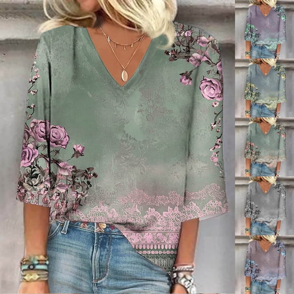 BiZtdJrK Womens V Neck Half Sleeve Tees Trendy Floral Print Tshirts Summer Casual Dressy Blouse Yellow L