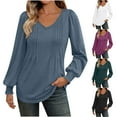 thumbnail image 1 of BiZtdJrK Womens V Neck T Shirts Pleated Front Cuff Long Sleeve Tunic Tops Lightweight Loose Solid Casual Fall Tee Shirt Black M, 1 of 7