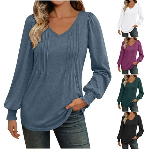 BiZtdJrK Womens V Neck T Shirts Pleated Front Cuff Long Sleeve Tunic Tops Lightweight Loose Solid Casual Fall Tee Shirt Blue XL