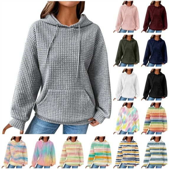 BiZtdJrK Womens Waffle Knit Cute Hoodies Casual Drawstring Pullover Sweaters Long Sleeve Kangaroo Pocket Sweatshirts Fashion Clothes for Teen Girls Pink L