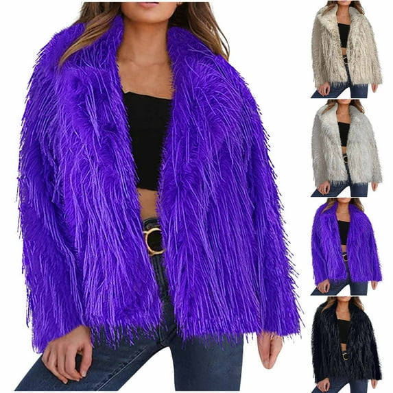 BiZtdJrK Womens Winter Coat Fluffy Faux Fur Warm Jackets Solid Casual Open Front Sherpa Jacket Outdoor Long Sleeve Outwear Sales for Today Purple 3XL
