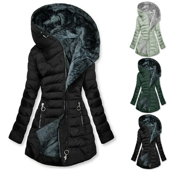 BiZtdJrK Womens Winter Coats Warm Fleece Lined Long Puffer Jacket Zip Up Hooded Quilted Jacket Solid Color Thicken Parka Outwear Todays Daily Sales Green M