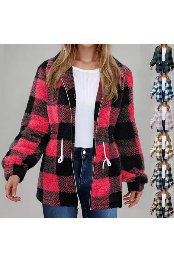 Womens Winter Jackets, 2024 Fashion Plaid Plush Jacket Long Sleeve Casual Full Zip Warm Fleece Coats Going Out Tops Cardigans Back to College Sale Blue L