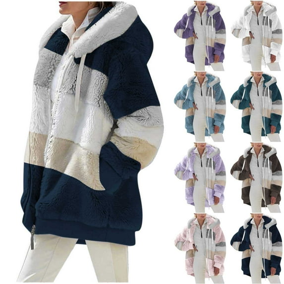 BiZtdJrK Womens Winter Jackets Outdoor Warm Sherpa Lined Hooded Jacket Casual Full Zip Warm Fuzzy Fleece Shacket Trendy Color Block Plush Coat with Pockets Lightening Sale Coffee 5XL