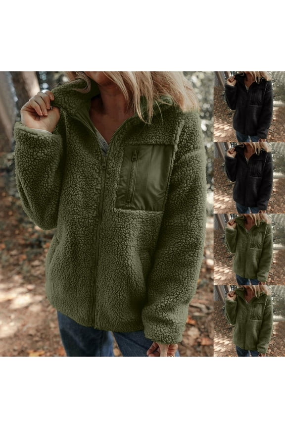 Womens Winter Trendy Fleece Jackets Full Zipper Long Sleeve Plush Jacket Solid Lightweight Warm Coats with Pockets Going Out Tops Todays Sale Army Green M