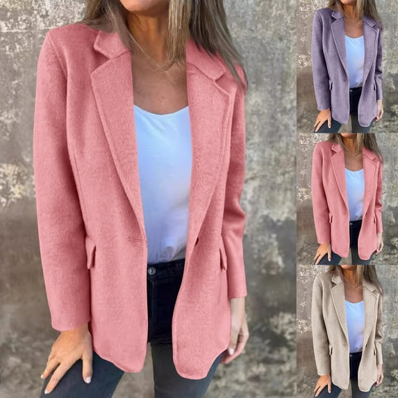 BiZtdJrK Womens Wool Blend Blazer Jackets Solid Color Casual Long Sleeve Trench Coat Single Breasted Open Front Cardigans Outerwear Today Prime Sales Pink 5XL