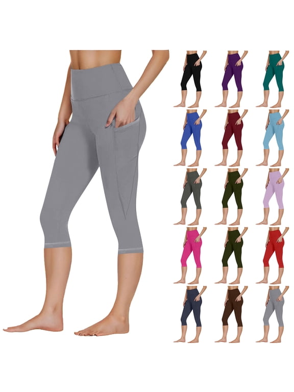 Womens Workout Capri Leggings with Pockets High Waisted Tummy Control Compression Yoga Capris Solid Lightweight Stretch Athletic Leggings on sale clearance items Navy S