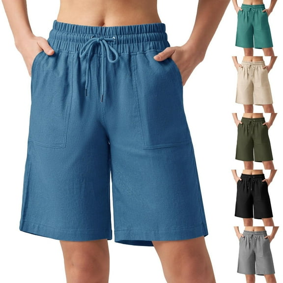 BiZtdJrK Womens Drawstring Cotton Linen Shorts Elastic High Waist Bermuda Shorts Comfy Lightweight Running Athletic Shorts with Pockets Clearance Items Blue M