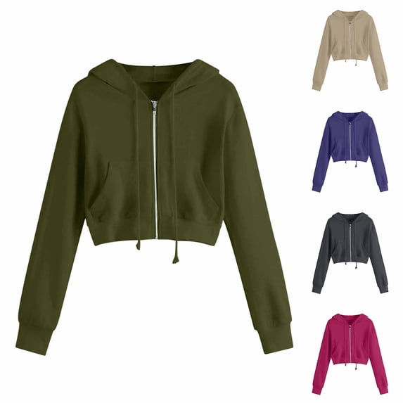 BiZtdJrK Womens Zip Up Hoodie Solid Cute Cropped Jackets Casual Drawstring Hooded Sweatshirts Fall Long Sleeve Crop Cardigan Tops with Pockets Today's Lightning Sales Gray S