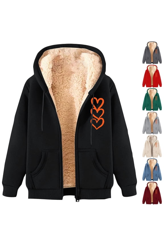 Womens Zip Up Hoodies Warm Fleece Lined Sweatshirt Jackets Trendy Heart Printed Coat Fall Winter Long Sleeve Hooded Jacket with Pockets Todays Sales Dark Gray XXL