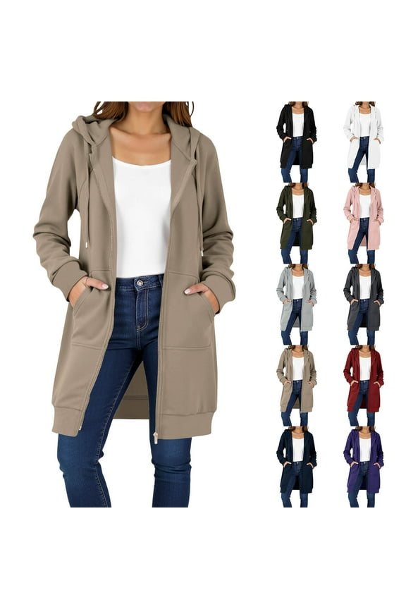 BiZtdJrK Womens Zip Up Casual Hoodies Loose Fit Fleece Lined Mid Length Hooded Jackets Fall Long Sweatshirts with Pockets Dark Gray XL