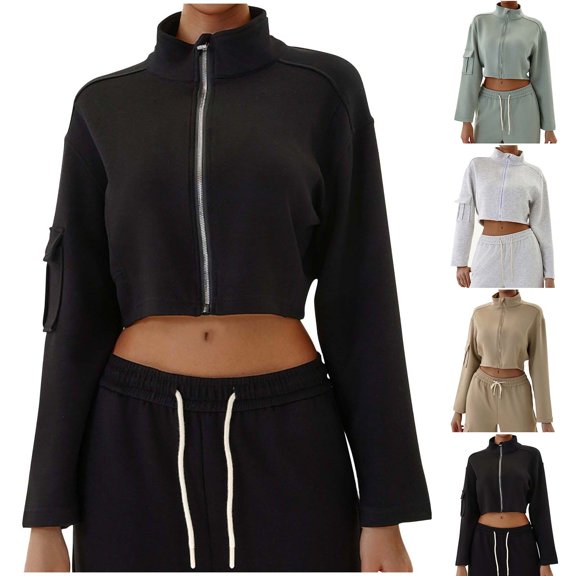 BiZtdJrK Womens Zip Up Cropped Sweatshirt High Neck Long Sleeve Cargo Jacket Fashion Y2k Street Sweatshirt Jackets with Pocket Khaki M
