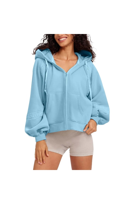 BiZtdJrK Womens Zip Up Hoodie Fleece Jacket Embroidered Patchwork Cropped Sweatshirts with Pockets Fall Winter Workout Sweatshirt Jackets Blue L