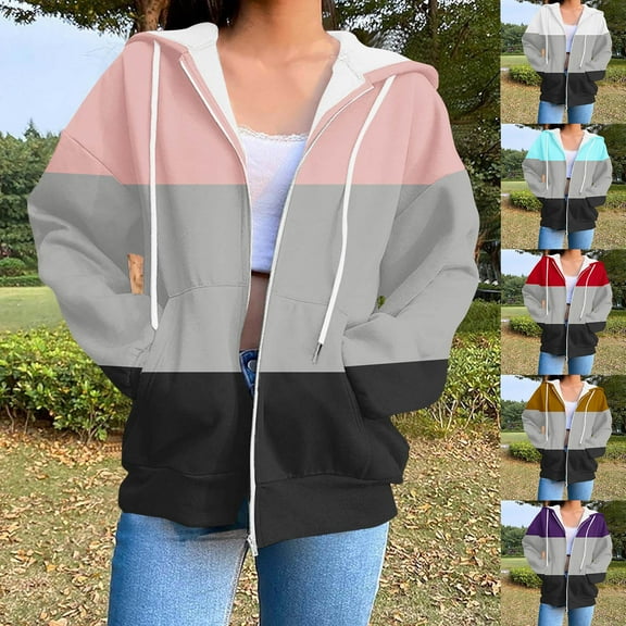 BiZtdJrK Womens Zip Up Hoodies Color Block Long Sleeve Fashion Sweatshirt Jackets Drawstring Hooded Sweatshirts Fall Outerwear with Pockets Red M