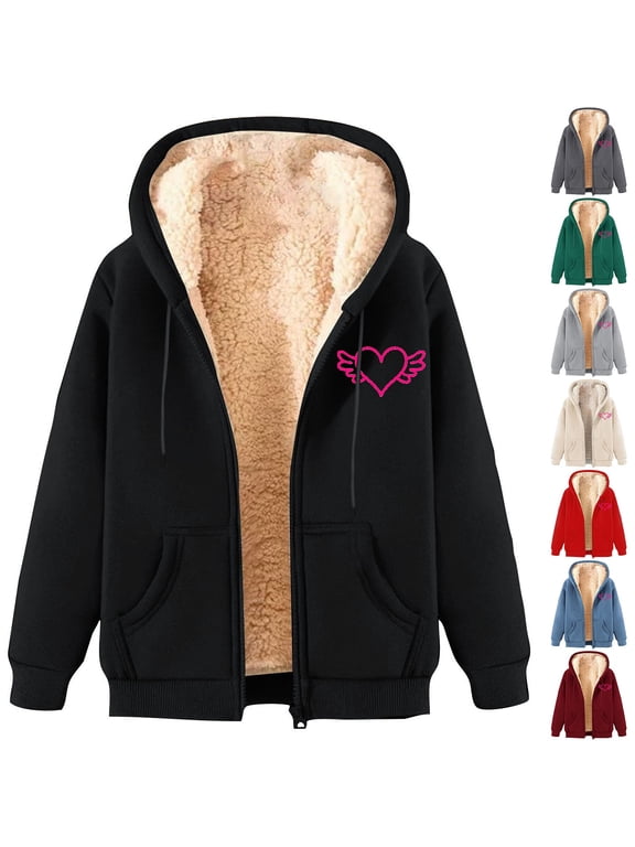 Womens Zip Up Sweatshirt Warm Fleece Lined Hoodies Jackets 2025 Fall Fashion Heart Printed Hooded Coat with Pockets Going Out Outfits Holiday Sales Red L